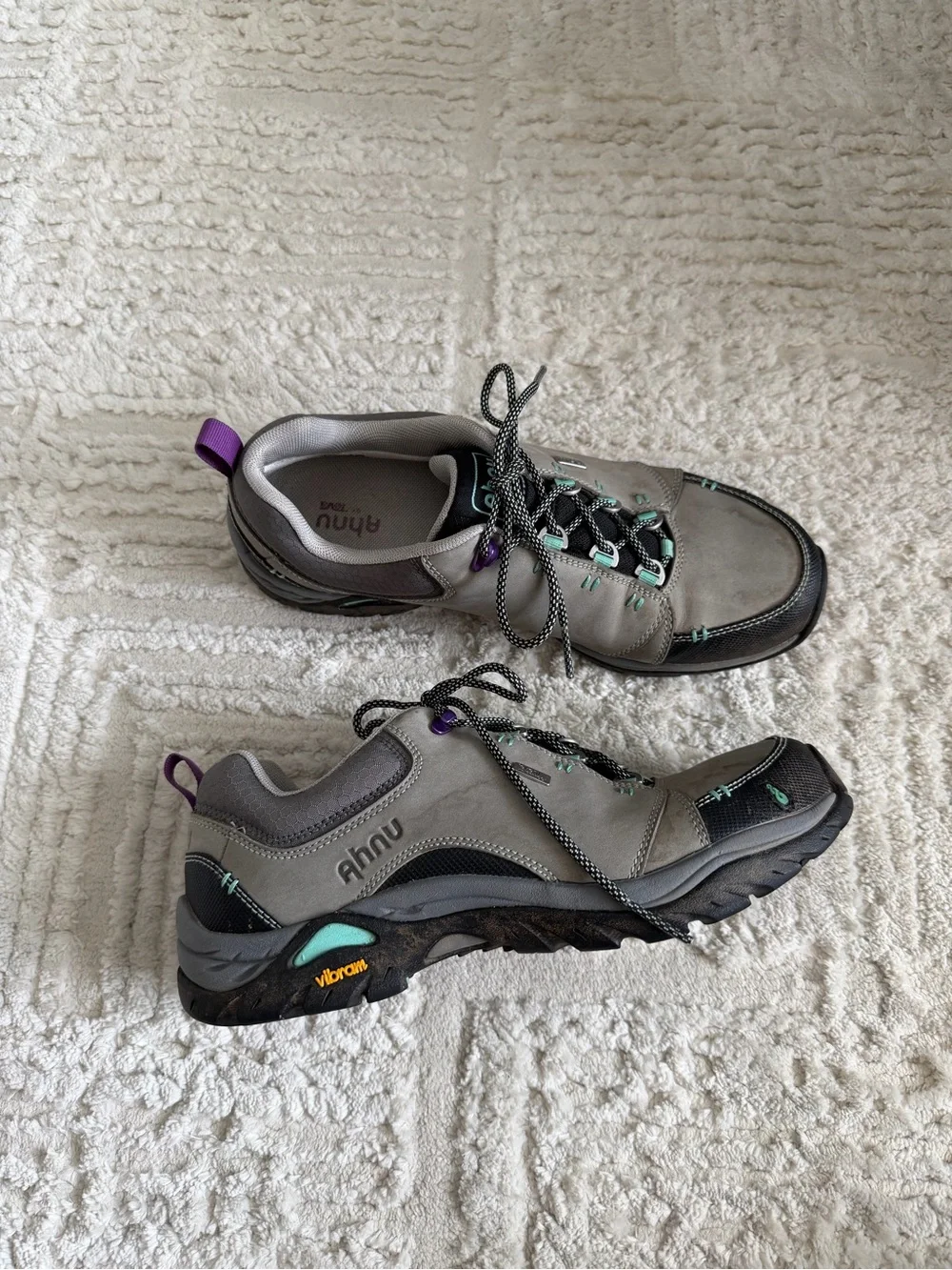Ahnu Women’s Gray Trail Sneakers with Vibrant Soles hiking shoes
